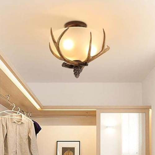OOWOKS Vintage Deckenleuchte Geweih E27× 3 Runde Deckenlampe aus Harz mit Glas Lampenschirm 3000K Warmes Licht Retro Flurlampe Decke Landhausstil Lampe für Wohnzimmer Schlafzimmer Küche Korridor