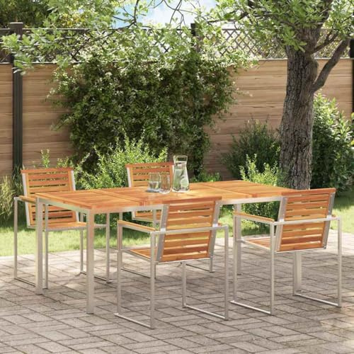 VIHHQGC Elegant Modern Dining Table for Outdoor Entertaining, Durable Outdoor Dining Table for Garden Parties with Solid Acacia Wood Top and Sleek Stainless Steel Frame, Easy to Assemble