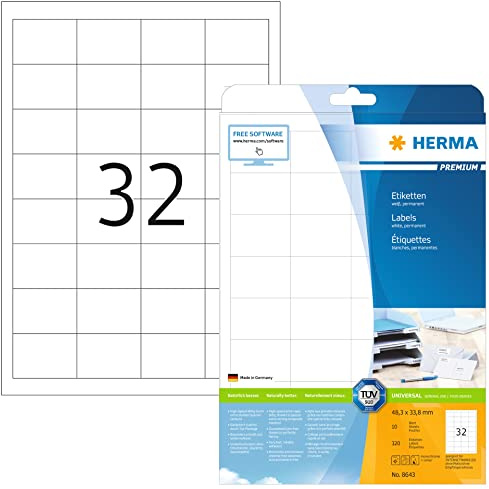 HERMA 8643 universella etiketter A4 små (48,3 x 33,8 mm, 10 ark, papper, matt) självhäftande, utskrivbara, permanenta adressetiketter, 320 klistermärken, vit