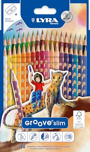 LYRA Groove Slim, Holzfarbstifte, dreiflächig, lackiert, Mine 3,3 mm, Kartonetui, 36 sortierte Farben, mit Spitzer | Holzbuntstifte, ergonomischer Naturgriff, dreikant, Mine 3,3mm