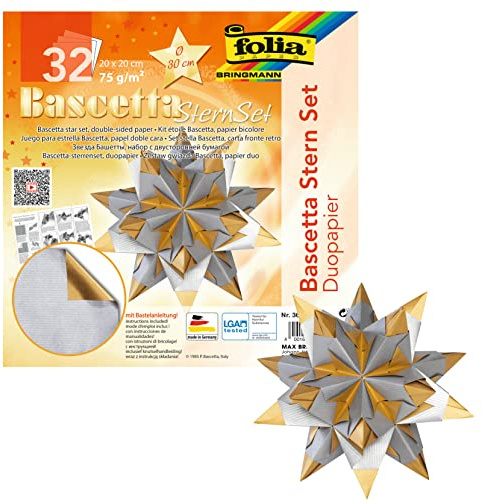 folia 366/2020 - Bastelset Bascetta Stern Duo silber/gold, 32 Blatt, 20 x 20 cm, fertige Größe des Papiersterns ca. 30 cm, mit ausführlicher Anleitung - ideal zur zeitlosen Dekoration