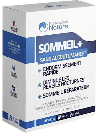 Prescription Nature - SOMMEIL + - Complément Alimentaire pour Mieux Dormir - Mélatonine (1,90 mg) + Complexe de Plantes - Apaisant, Sommeil Naturel et Réparateur - Fabrication Française - 60 Gélules