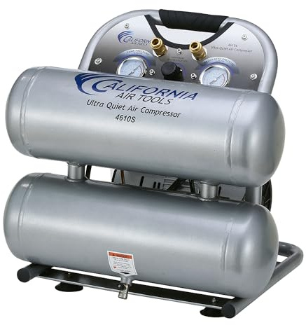California Air Tools CAT-4610S Ultra Quiet & Oil-Free 1.0 hp 4.6 gallon Steel Twin Tank Electric Portable Air Compressor, Silver