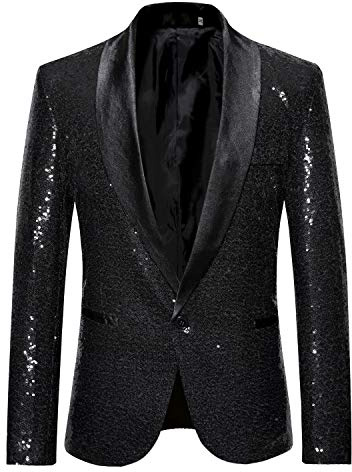 YULUOSHA - Giacca da uomo slim fit, con risvolto e paillettes, giacca da ballo con un bottone, stile casual, per matrimoni, balli e smoking Nero XL