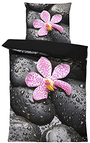 4 teilig Bettwäsche 135x200 cm Steine Orchidee Relax schwarz Wende Mikrofaser