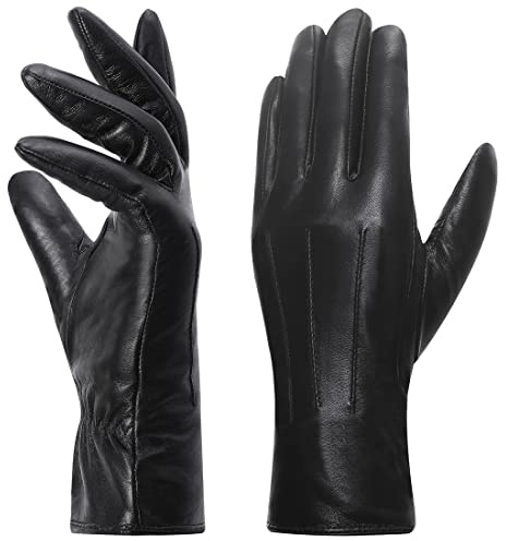 Harssidanzar Läderhandskar för kvinnor, vinter varmt fleecefoder pekskärm vintage finish GL018EU, svart, XS