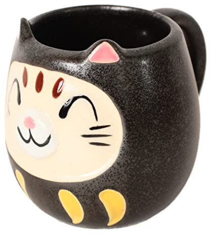 Mino ware CPM021 Tasse en poterie japonaise Motif chat Daruma Fabriqué au Japon Noir mat
