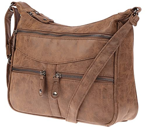 Christian Wippermann Damen Tasche Schultertasche Umhängetasche Crossover Bag Leder Optik Handtasche Braun