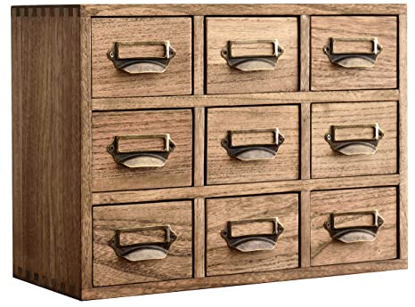 KIRIGEN Wooden Desktop Organiser with 9 Drawers, Metal Handles, Brown