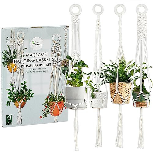 OwnGrown Makramee Blumenampel Set: 4X Blumentopf Hängeampel 95cm lang – Makramee Pflanzenhänger als Vintage Deko und Boho Deko Hängend – Makramee Deko für Blumenampel Innen – Blumentopf Hängend