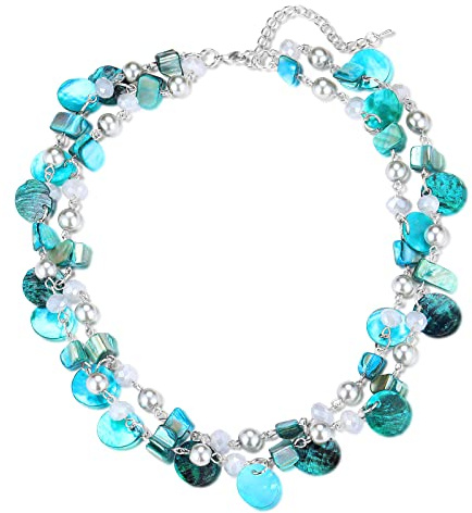 FULU AUTUMN Kristall Perlenkette Boho Muschelkette Damen Statement Bunte Mehrreihige Halskette Modeschmuck Geschenke für Fraue