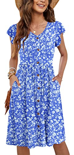 MOLERANI Women Summer Dresses V Neck Ruffle Sleeve Casual Swing Elastic Waist Midi Dress with Pockets