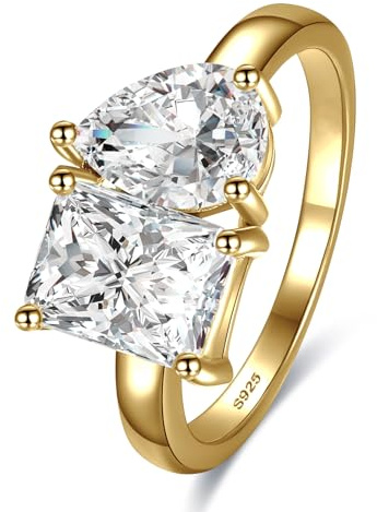 Yaresul Toi Et Moi Ring 925 Sterling Silver 14k Plated Women Engagement Ring White Gold Plated 1.5ct 6x8mm Double Stone Ring Emerald & Pear Cut Cubic Zirconia Wedding Band Width Band 2mm Size 5