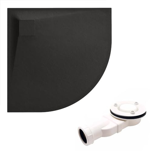 KOLMAN Duschwanne 90x90x3,2 VIDAR Schwarz Verbundwerkstoff Duschtasse Viertelkreis, Steinoptik, mit Ablaufgarnitur Ø 90 mm