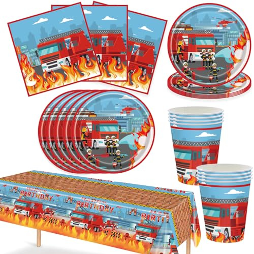 Bikasun Feuerwehrmann Partygeschirr, Fireman Geschirr Set Fireman Party Set | mit Teller Tasse Tischdecke Servietten, Feuerwehr Tischdekoration Kindergeburtstag Deko Feuerwehrauto Feuerwehr Geburtstag