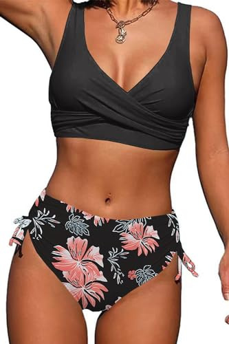 Yutdeng Costume da Bagno Donna Curvy Bikini Mare Vita Alta Due Pezzi Costumi Top Push Up Scollo a V con Incrociati sul Retro e Pantaloncini da Bagno con Coulisse Laterale a Pieghe,Rosa,M