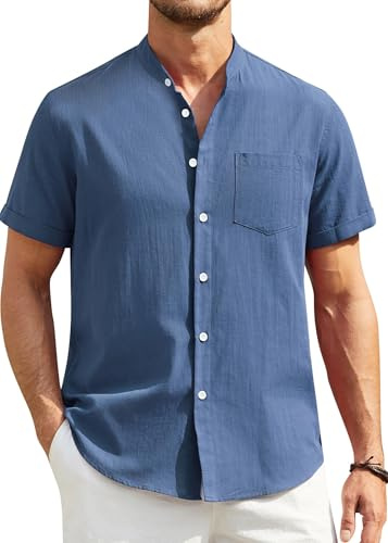 Enlision Camicia Lino Uomo Maniche Corte Estive Camicie Collo Coreana Uomo Blu con Bottoni Camicie di Lino Cotone Uomo Regular Fit per Estiva Spiaggia L