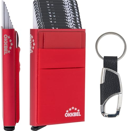 Porte Carte Bancaire Homme et Femme Sécurise Anti Piratage Peut Contenir 10 Cartes -Pièce identité-Carte Vital espèces et Billets-Porte Carte de Credit Pop up Rigide en Aluminium Anti RFID -OKKBEL
