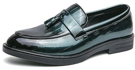 Zapatos de vestir for hombre, sin cordones, con punta redonda bruñida, de piel sintética, con borlas, zapatos tipo mocasín, suela de goma de caña baja, tacón de bloque antideslizante, for trabajar(Ver