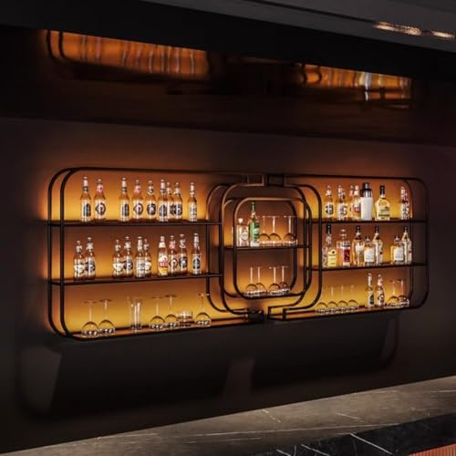 Großes Weinregal Wandmontage mit LED-Licht und Weinglashalter, robustes Weinflaschenhalter,schwebende Barregal Wand,Rotweinregal Flaschenregal für Spirituosenflaschen als Dekoration für Küche und Bar(