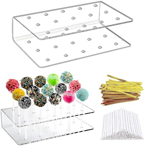YqsIbth Cake Pop Stand, 2Pcs Acrylic Lollipop Holder, 20 Holes Cake Pop Display Stand Cake Pop Display Stand with 200Pcs Paper Sticks and 200Pcs Twist Ties for Birthdays Parties Weddings