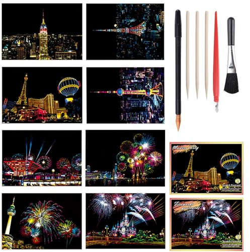 URROMA 8 St點k Kratzmalerei Postkarten-Set Regenbogen Malerei Scratch Off Kritzelpapier Landschaft Scratchboard Kratzpapier Kunst Kits mit Werkzeugen