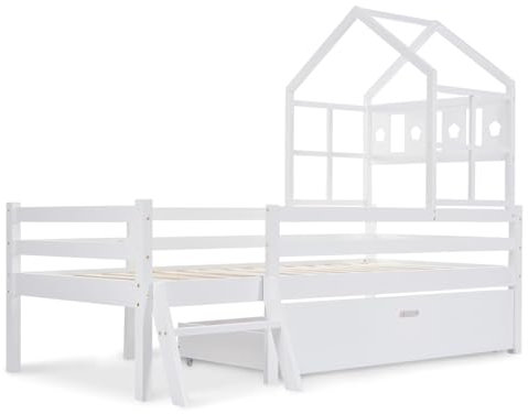 WEALTHOUSE Letto a soppalco in legno massiccio massiccio, scaletta per cassetti, protezione dalle cadute, letto di design, telaio in legno, supporto per scale, struttura del tetto, mobili multiuso
