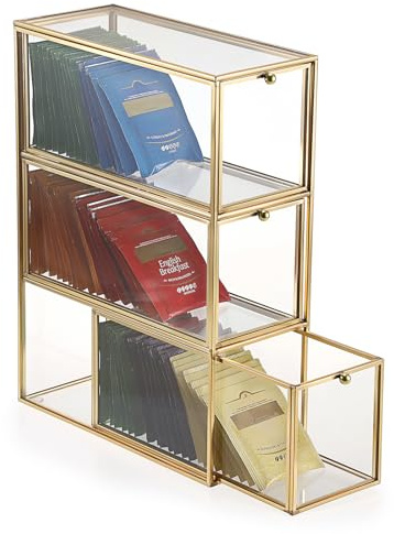 SUMTree Glas Teebeutel Organizer mit 3 Schubladen Gold Teebox 21,5x9,5x29cm