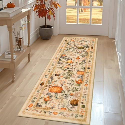 Geanup Herbst Teppich Läufer Flur 60x180 cm, Orange Waschbar Küchenteppich rutschfest, Weich Faux Wool Schlafzimmer Teppich, Boho Indoor Lang Korridor Carpet für Eingang Fußmatte Wohnzimmer