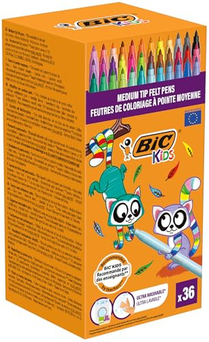BIC Kids Kid Couleur Feutres de Coloriage à Pointe Moyenne - Couleurs Assorties, Etui Carton de 36