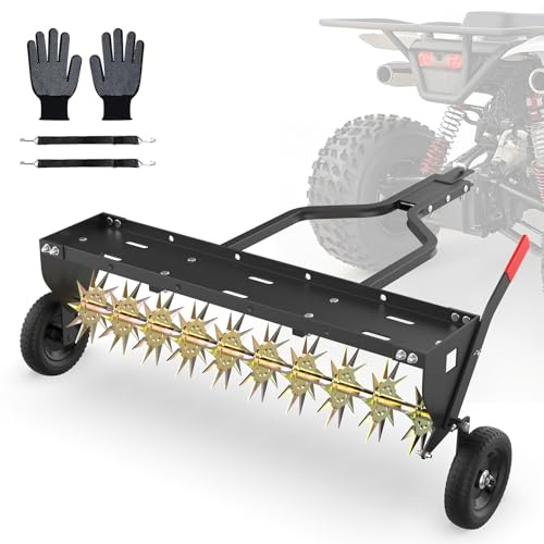 Seeutek 40 Inch Tow Behind Spike Aerator - Heavy Duty Rolling Lawn Aerator with 3D Steel Tines & Weight Tray, Extra-Wide Tow Bar Soil Penetrator Spikes Tractor with Folding Shovel for Lawn Garden Farm