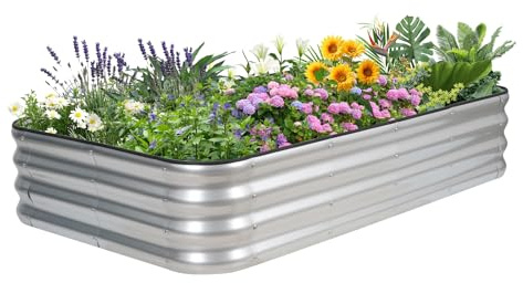 INNO STAGE Adjustable Raised Garden Bed, 150 x 90 x 30cm Metal Planter Boxes Outdoor for Growing Vegetables,Herbs,Flowers Steel Plant Raised Garden Bed Kit - Silver 1Pack
