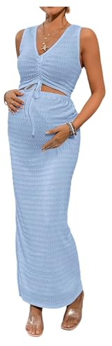 Milumia Women's Maternity 2 Piece Outfits Tank Top Bodycon Maxi Skirt Sets | Pregnant Dress Summer Outfit, Textured, Drawstring Tie Knot, Going Out, Maternity Photoshoot Outfits, Light Blue, Large
