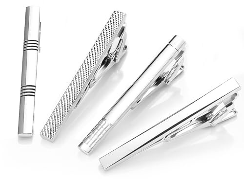 4Pcs Tie Clips for Men, Tie Clips, Silver Classic Tie Bar Clip Set for Regular Fashionable Tie Bar Clip Metal Tie Pins for Wedding Anniversary Business Christmas New Year and Holiday Gifts