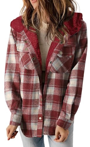 Flodxo Veste polaire pour femme avec capuche boutonnée - Veste à carreaux sherpa - Manteau d'hiver chaud en flanelle à carreaux - Veste pelucheuse à manches longues - Manteaux en peluche confortable