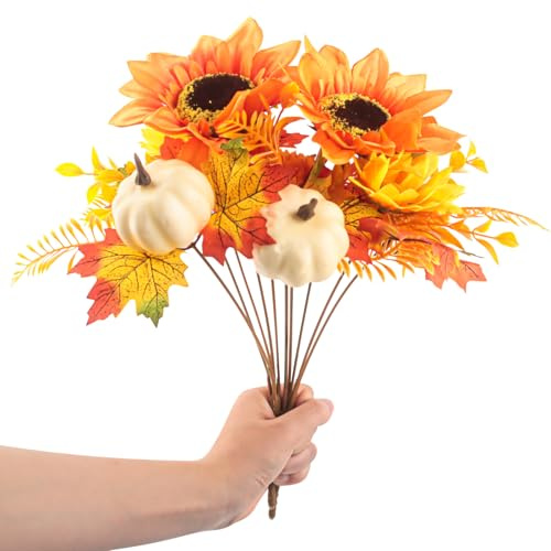 2 Ramos Calabazas Artificiales Otoñales, Conjunto Flores Artificiales Halloween, con Calabazas, Hojas Arce, Girasoles, para Halloween Acción Gracias Sesiones Fotográficas Interiores Accesorios Hogar
