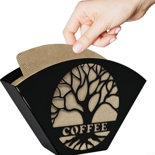 Kaffeefilter-Papierhalter schwarz, Eisen-Kaffeefilter-Aufbewahrungsbox mit Lebensbaum Dekor für Küche Esszimmer (schwarz)