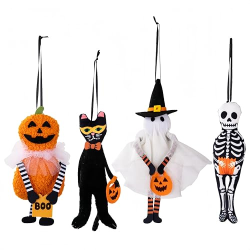 Proumhang 4 Decoraciones de Halloween: Set Colgante con Calabazas,Gatos Negros, Fantasmas y Esqueletos. Ideal para Decorar Fiestas y Hogar