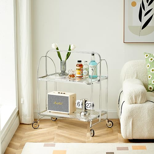 Robuster, faltbarer Rollwagen mit Rollen, Metallwagen, Servierwagen und Glas-Schreibtischplatte – ideal für Cafés, Restaurants, Partys und Bars