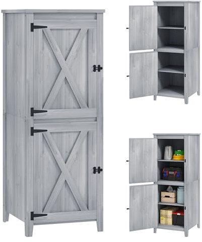 Outsunny Gartenschrank Holz Wetterfest Geräteschrank 60x60x160cm Hellgrau | Geräteschuppen, Gartenschuppen mit Ablagen, Doppeltür, Abschließbar, Gerätehaus Werkzeugschrank, Draußen Schrank