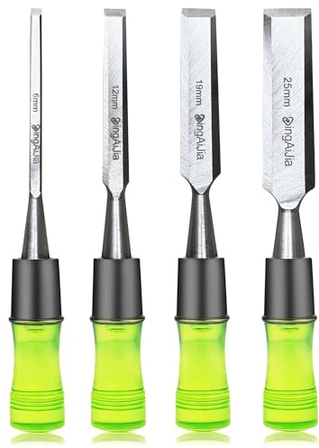 4 Pcs Wood Chisel Set for Woodworking. CR-V Steel Beveled Edge Blades with Safety Caps. Durable PVC High Impact Handle, for Precision Carving DIY Projects (1/4, 1/2, 3/4, 1)