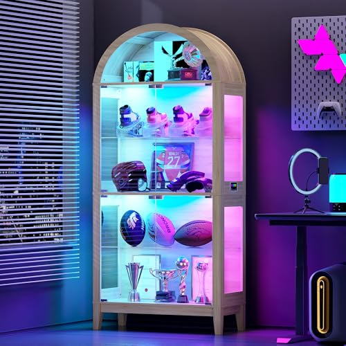 Gurexl 175 CM RGB Arco Vitrinas de Cristal con Luces Dinámicas y Sensor,Librerías y Vinotecas con 2 Ajustables Estantes,Vitrina para Colecciones 5 Capas para Salón,Dormitorio,Sala de Juegos,Madera