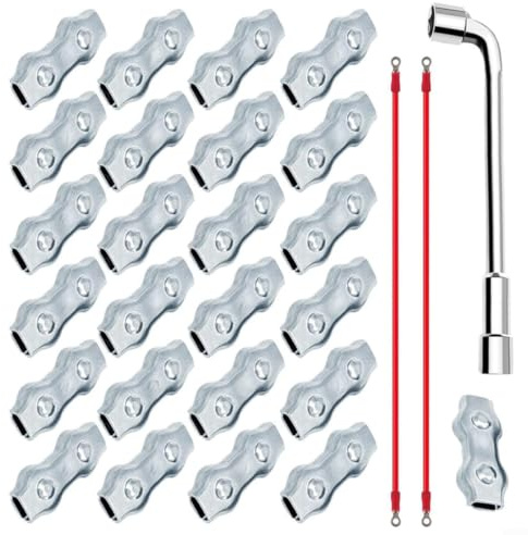 Risveglio Set di 28 connettori M5 per recinzioni elettriche, connettori in filo metallico con chiave per la sicurezza del giardino, bianco e rosso