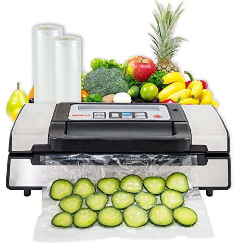 Nesco Deluxe Food VS-12 Vacuum Sealer, 130 Watts, Kit Bags & Viewing Lid, Compact, Silver