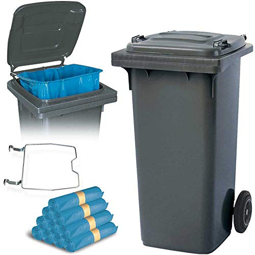 BRB 120 Liter Mülltonne mit Halter für Müllsäcke, inkl. 250 Müllsäcke (grau)