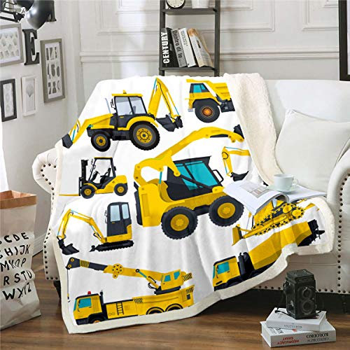 Homewish Couverture en peluche pour enfants - Tracteur de camion - Couverture Sherpa - 150 × 200 cm - Pour enfants, garçons, construction, véhicule - Polaire - Flanelle - Équipement de voiture grue