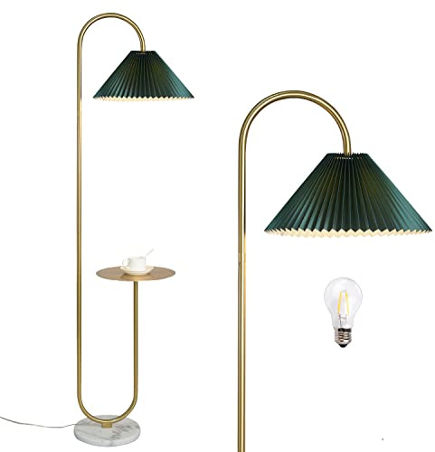 beaysyty Modern Elegant with Tray Floor Lamp for Office Cafe Den Living Room Bedroom, Foot Switch and Brass/Gold Finish,Dark Green Pleated Cloth Lampshade