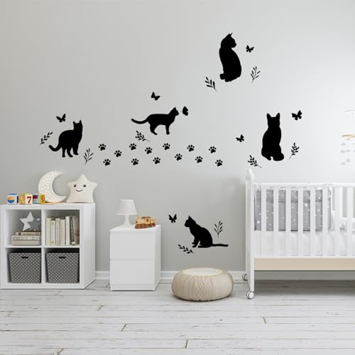 SUPERDANT Pegatinas de Pared de Gato Negro Calcomanías de Pared de Mariposa con Silueta Decoración de Pared con Estampado de Pata Calcomanía de Puerta de Gato negro Calcomanías de Ventana DIY