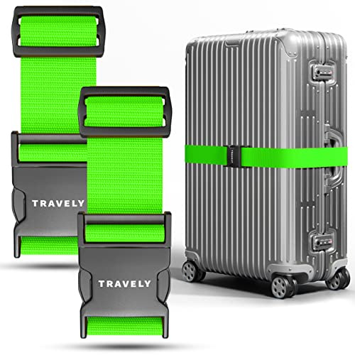 Travely® Cintura Premium per Valigia - Particolarmente Vistosa e Sicura - Include 2 Targhette Identificative - Nastro per Bagagli Ideale a Croce - [Set da 2] - Verde