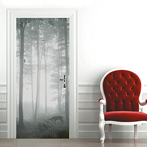 TüRtapete Selbstklebend TüRposter TüRaufkleber Tapete, Wandaufkleber für Schlafzimmer, Heimdekoration, wasserdicht, abnehmbar, Premium Vinyl Upgrade, weißer Nebel, Wald, Rentier, gotische Landschaft